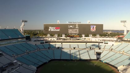 U.S. Marines stand at parade rest during the Jacksonville Jaguars