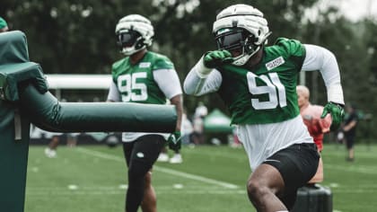 New York Jets' John Franklin-Myers speaks to reporters at the NFL