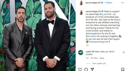 Aaron Rodgers and teammate CJ Uzomah attend the 2023 Tony Awards