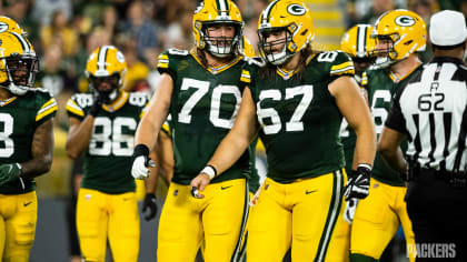 Green Bay Packers offensive tackle Royce Newman (70) looks on