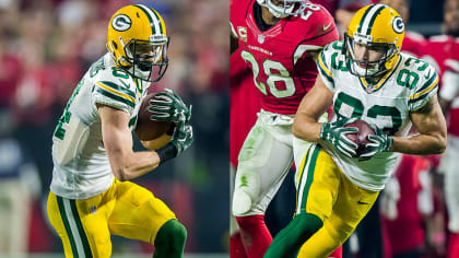 Green Bay Packers wide receiver Jeff Janis (83) celebrates with wide  receiver Jared Abbrederis (84) his touchdown scored against Arizona  Cardinals during the second half in a NFC Divisional round …