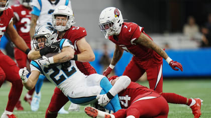 Carolina Panthers linebacker Damien Wilson watches during the first have of  an NFL preseason football game against the Buffalo Bills on Friday, Aug.  26, 2022, in Charlotte, N.C. (AP Photo/Jacob Kupferman Stock