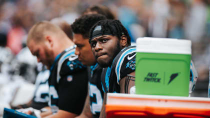 Carolina Panthers offensive tackle Ikem Ekwonu (79) lines up against  Detroit Lions linebacker James Houston (41) during a preseason NFL football  game Friday, Aug. 25, 2023, in Charlotte, N.C. (AP Photo/Jacob Kupferman