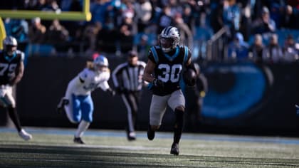 Carolina Panthers running back Chuba Hubbard (30) warms up before an NFL  football game against the Arizona Cardinals on Sunday, Oct. 2, 2022, in  Charlotte, N.C. (AP Photo/Jacob Kupferman Stock Photo - Alamy