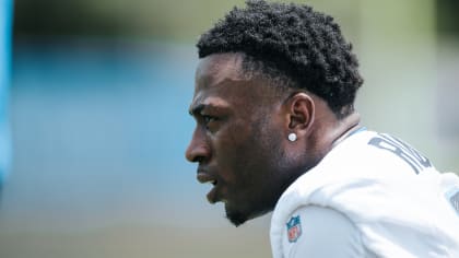 Jammie Robinson of the Carolina Panthers readies at the line of