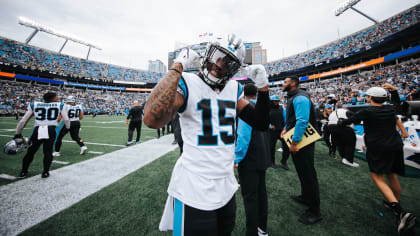 Laviska Shenault Jr. #15 of the Carolina Panthers reacts after