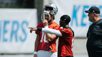 Carolina Panthers quarterback Jacob Eason (16) warms up prior to the start  of an NFL football game against the Tampa Bay Buccaneers Sunday, Oct. 23,  2022, in Charlotte, N.C. (AP Photo/Jacob Kupferman