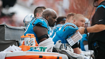 Carolina Panthers' Taylor Moton (72) runs a drill during the NFL