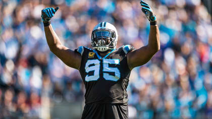 Carolina Panthers defensive end Charles Johnson (95) freacts to a