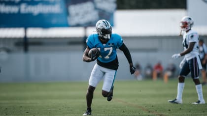 FOXBOROUGH, MA - AUGUST 16: Carolina Panthers wide receiver Robbie Anderson  (3) listens to a question during a joint practice between the New England  Patriots and the Carolina Panthers on August 16