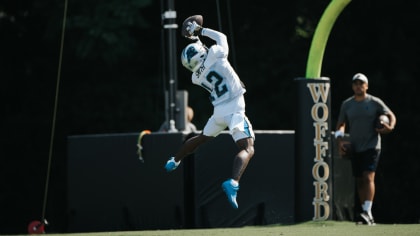 A Salute to Service sticker is seen on Carolina Panthers wide receiver Shi  Smith's helmet as he warms up before an NFL football game against the  Baltimore Ravens, Sunday, Nov. 20, 2022