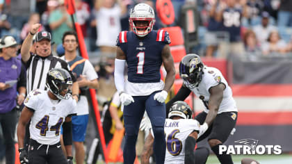 New England Patriots guard Cole Strange blocks against the Baltimore Ravens  during an NFL football game at Gillette Stadium, Sunday, Sunday, Sept. 24,  2022 in Foxborough, Mass. (Winslow Townson/AP Images for Panini