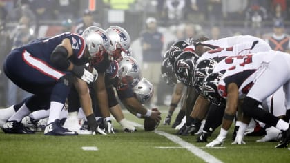 The New England Patriots and the Atlanta Falcons line up for the snap at the line of scrimmage during their game at Gillette Stadium in Foxborough, Mass. Sunday, Oct. 22, 2017.