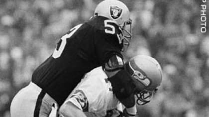 Seattle Seahawks' quarterback Dave Kraig (17) is sacked by Los Angeles  Raiders' Rod Martin (53) and fumbles during first-quarter action in the AFC  Championship game at the Coliseum in Los Angeles, Sunday