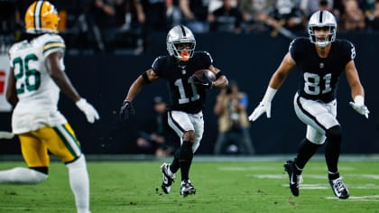 Wide receiver Tre Tucker of the Las Vegas Raiders drops a pass in