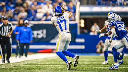 Los Angeles Rams quarterback Matthew Stafford hits wide receiver Puka Nacua  in stride for a 17-yard reception