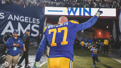 Andrew Whitworth of Rams celebrates his first-ever NFL Playoff win