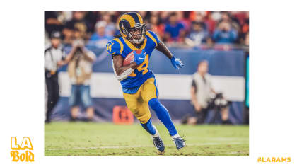 Nsimba Webster of the Los Angeles Rams leaps prior to the kickoff of