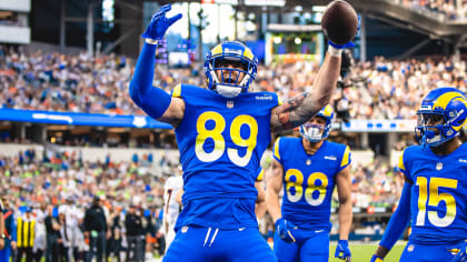 INGLEWOOD, CA - JANUARY 30:Los Angeles Rams tight end Tyler Higbee #89 gets  tackled by San Francisco 49ers cornerback Ambry Thomas #20 during the NFC  Conference Championship game between the San Francisco