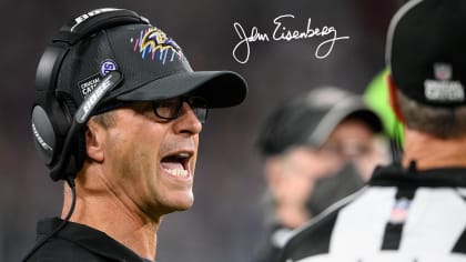 Ravens coach John Harbaugh can explain those gold uniform pants 