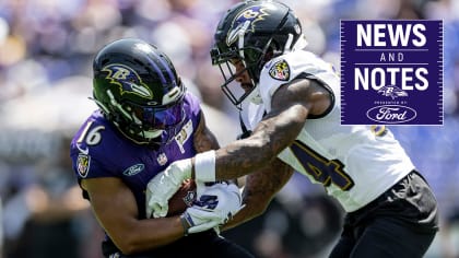 Baltimore Ravens guard Ben Cleveland (66) leaves the field on a