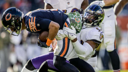 CHICAGO, IL - NOVEMBER 21: A detail view of a Baltimore Ravens helmet is  seen during a game between the Chicago Bears and the Baltimore Ravens on  November 21, 2021 at Soldier