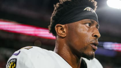 Baltimore Ravens cornerback Damarion Williams (22) looks on during pre-game  warm-ups before a NFL football game against the Miami Dolphins, Sunday,  Sept. 18, 2022, in Baltimore. (AP Photo/Terrance Williams Stock Photo 