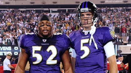 Baltimore Ravens Ray Lewis reacts with Joe Flacco after the game