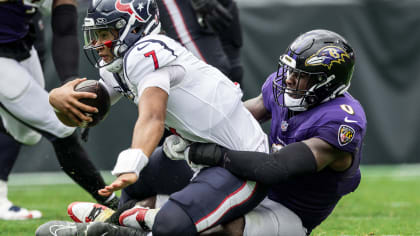 Baltimore Ravens guard Tykeem Doss (63) looks to make a block