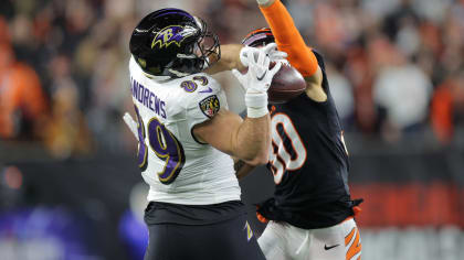 Baltimore Ravens tight end Josh Oliver (84) runs for the play during an NFL  wild-card football game against the Cincinnati Bengals on Sunday, Jan. 15,  2023, in Cincinnati. (AP Photo/Emilee Chinn Stock