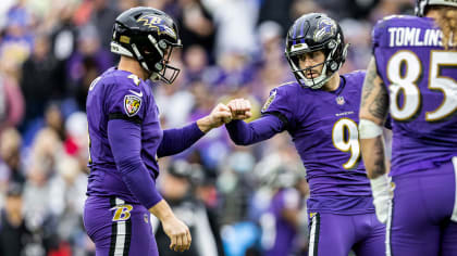 Baltimore Ravens punter Sam Koch gives a little shout out on the