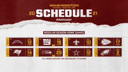 Printable 2021-2022 Washington Redskins Schedule