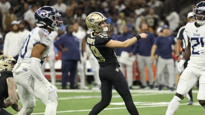 New Orleans Saints place kicker Blake Grupe (19) kicks a field