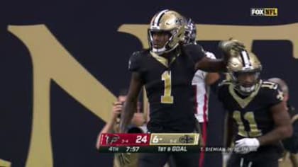 New Orleans, United States. 07th Nov, 2021. Atlanta Falcons linebacker  Deion Jones (45) flushes New Orleans Saints quarterback Trevor Siemian (15)  out of the pocket at the Caesars Superdome in New Orleans