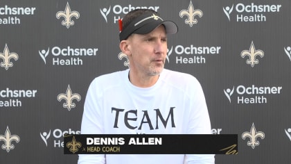 New Orleans, USA. August 13, 2023: New Orleans Saints Offensive Coordinator  Pete Carmichael looks up at the video board for a replay during NFL  pre-season game action between the New Orleans Saints