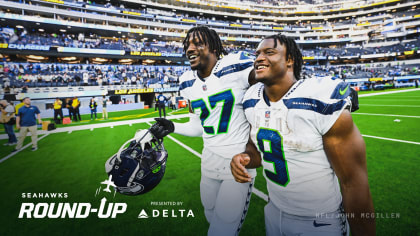 Seattle Seahawks cornerback Coby Bryant (8) walks off the field during an  NFL football game against the Las Vegas Raiders, Sunday, Nov. 27, 2022, in  Seattle, WA. The Raiders defeated the Seahawks