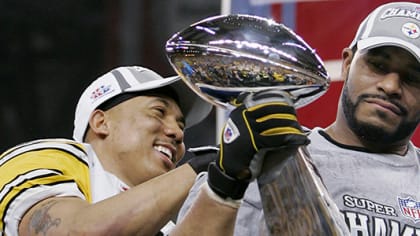 Pittsburgh Steelers wide receiver Hines Ward (86), celebrates with teammate  Verron Haynes after Ward caught a 17-touchdown pass in the second quarter  against the Denver Broncos in the the AFC Championship game.