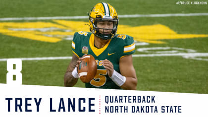 October 3, 2020: North Dakota State Bison quarterback Trey Lance (5)  celebrates after rushing for a touchdown in the second half of a NCAA FCS  football game between the Central Arkansas Bears