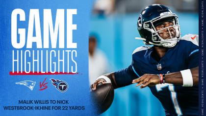 Tennessee Titans quarterback Malik Willis (7) celebrates his touchdown pass  to wide receiver Kearis Jackson (5) in the second half of an NFL preseason  football game against the New England Patriots Friday