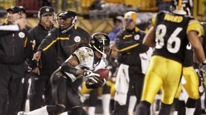 Pittsburgh Steelers running back Najeh Davenport (44) takes a peek to make  sure he is in the end zone after scoring a touchdown during the first half  against the Baltimore Ravens. The