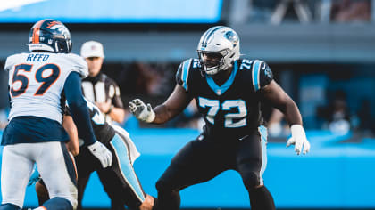 Panthers' newly-paid lineman Taylor Moton taking reps at left