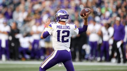 Minnesota Vikings quarterback Nick Mullens (12) celebrates after