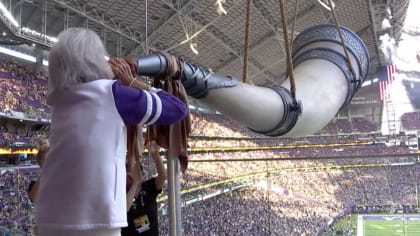 Season Ticket Member Susan Votel Sounds the Gjallarhorn Prior To Vikings -Titans