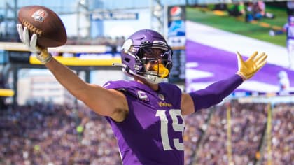 MINNEAPOLIS, MN - SEPTEMBER 25: Minnesota Vikings Wide Receiver Adam  Thielen (19) looks on after scoring a touchdown during the NFL game between  the Detroit Lions and the Minnesota Vikings on September