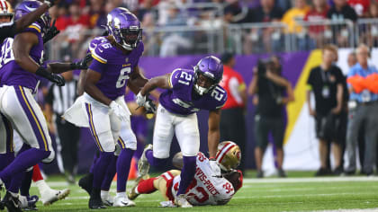 Minnesota Vikings cornerback Akayleb Evans takes part in joint drills with  the San Francisco 49ers at the Vikings NFL football team's practice  facility in Eagan, Minn., Wednesday, Aug. 17, 2022. (AP Photo/Bruce