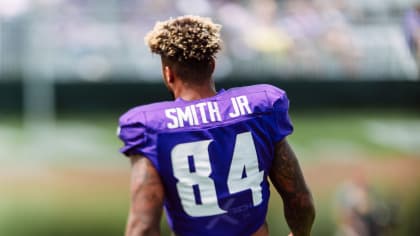 A Salute to Service ribbon is seen on the back of the helmet of Minnesota  Vikings tight end Irv Smith Jr. during the first half of an NFL football  game against the