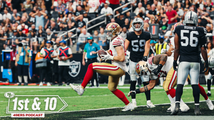 Santa Clara, California, USA. 17th Nov, 2019. San Francisco running back  Jeff Wilson (30)scores on a 25 yard touchdown reception celebrate with  teammate tight end Ross Dwelley (82) during the NFL Football