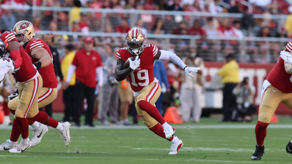 San Francisco 49ers linebacker Dee Winters (53) signals during an