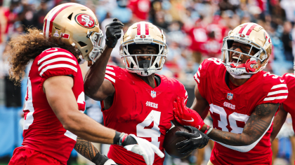 Cornerback (4) Emmanuel Moseley of the San Francisco 49ers warms