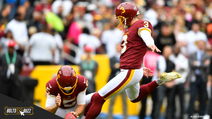 Kicker James Tuthill of the Washington Redskins kicks the field